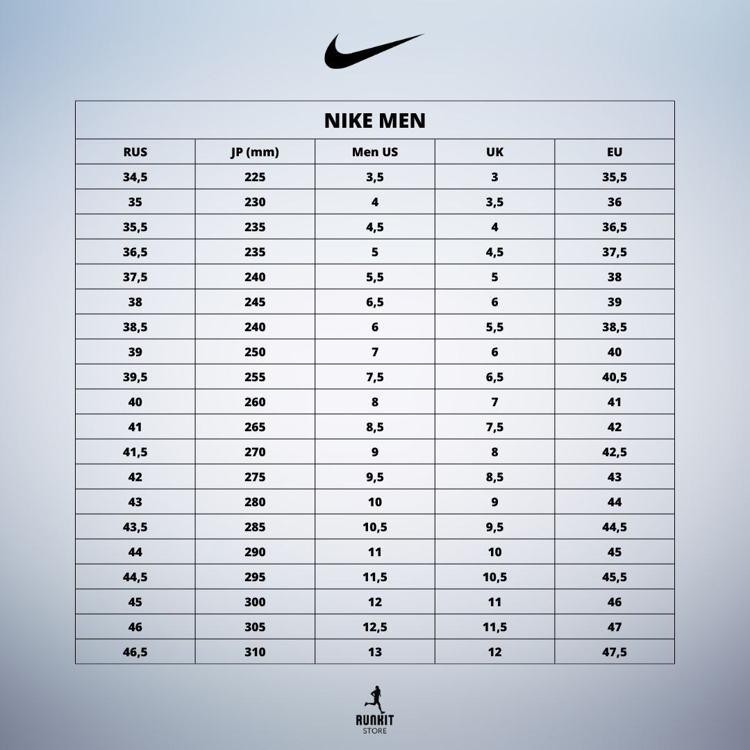 Мужская размерная сетка