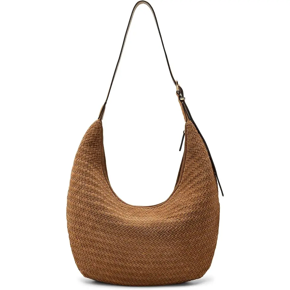The Essential Curve Shoulder Bag in Handwoven Suede