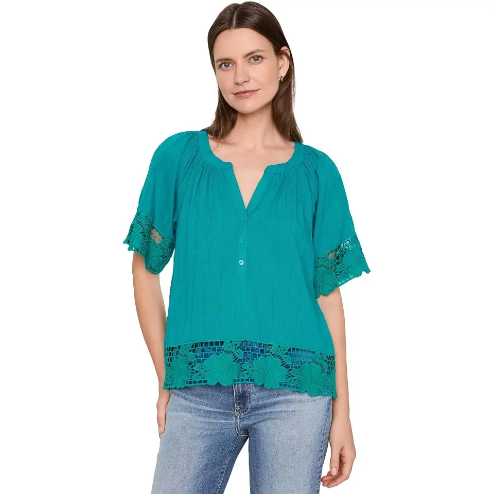 Short Sleeve Woven Top with Lace