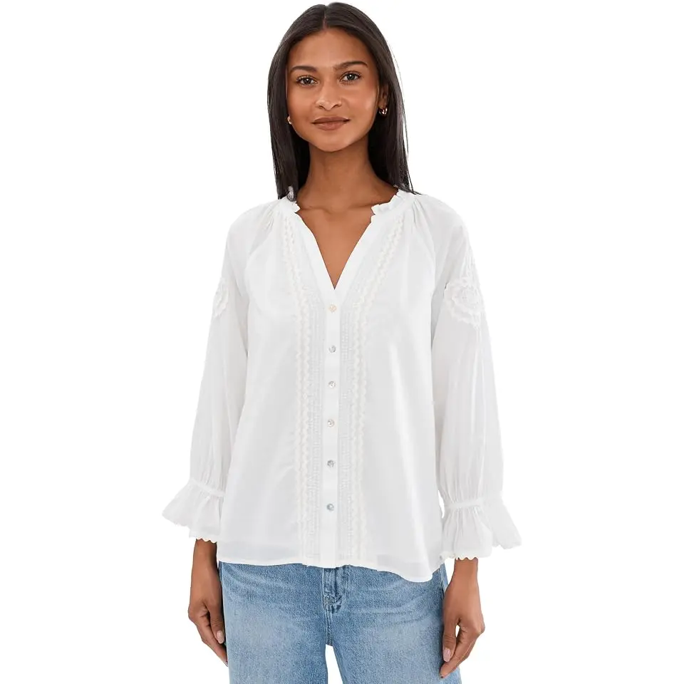 3/4 Sleeve Button Front Woven Top With Embroidery