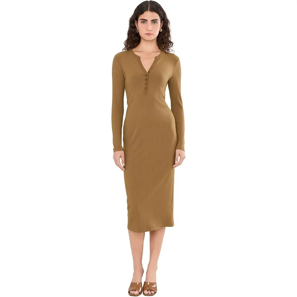 Rib-Knit Henley Midi Dress