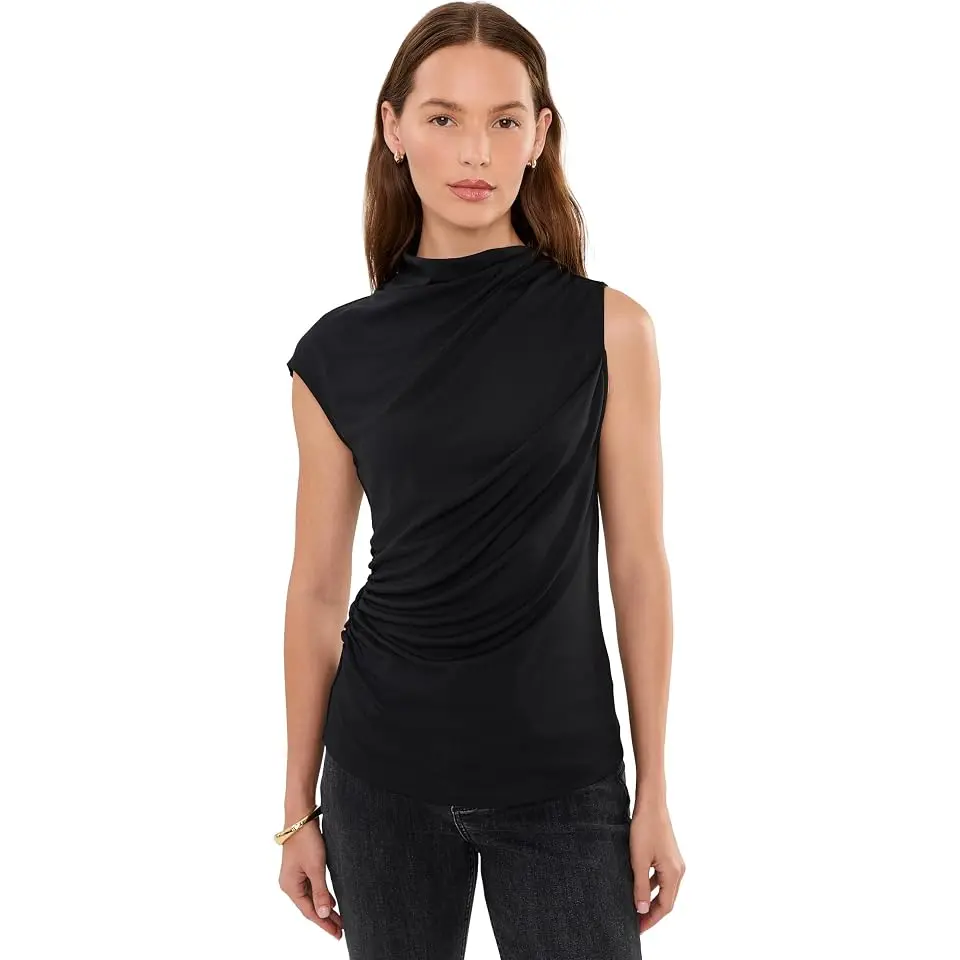 Shirred Stretch Jersey Mock Neck Top