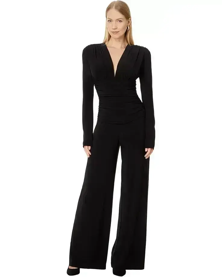 Norma Kamali V-Neck Long Sleeve Shirred Waist Jumpsuit with Shoulder Pads