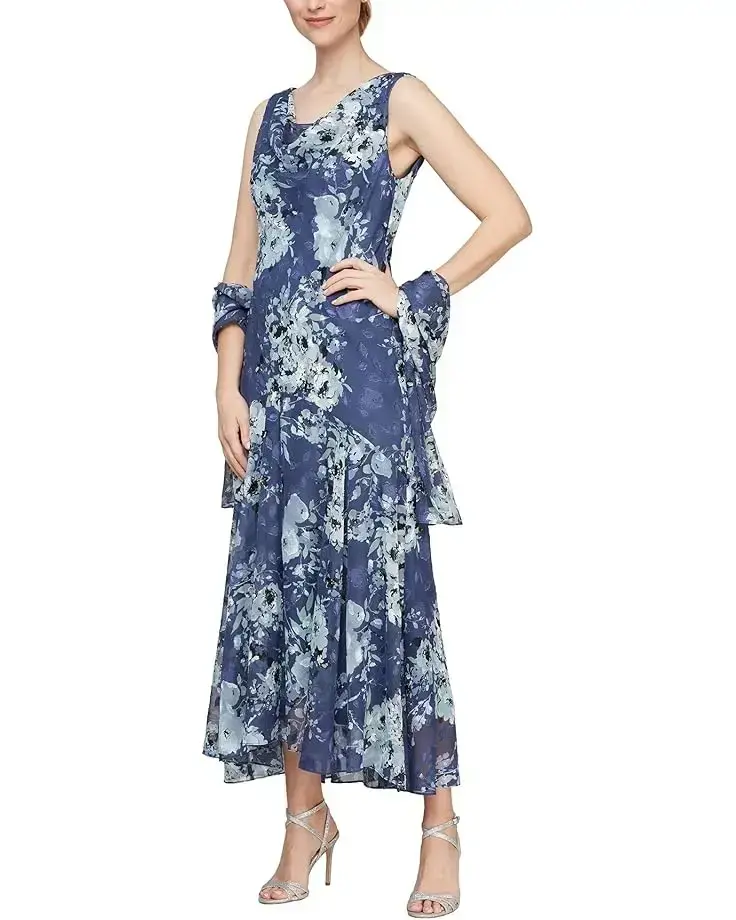 Women's Alex Evenings Tea Length Chiffon Burnout Dress