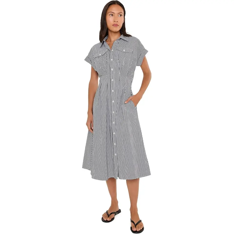Petite Striped Pleated Broadcloth Shirtdress