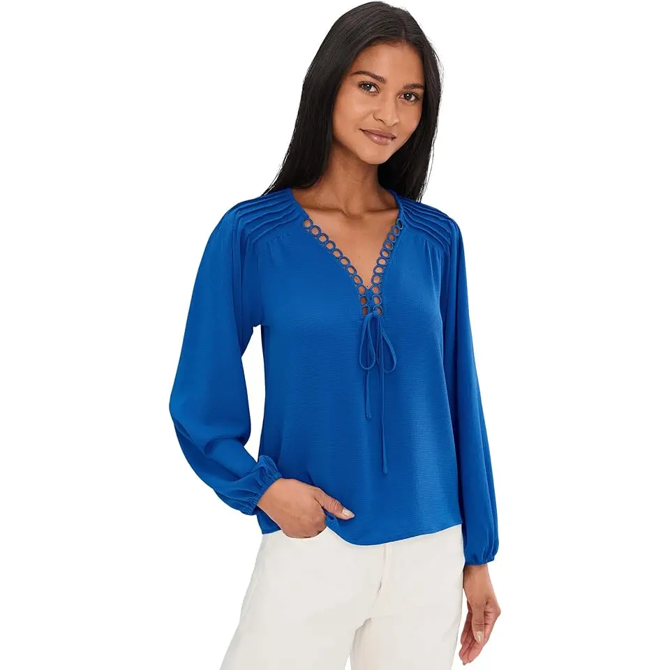 Long Sleeve Circular Trim Pintuck Top