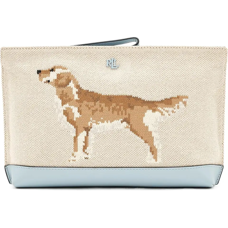 Dog-embroidered Canvas Large Pouch
