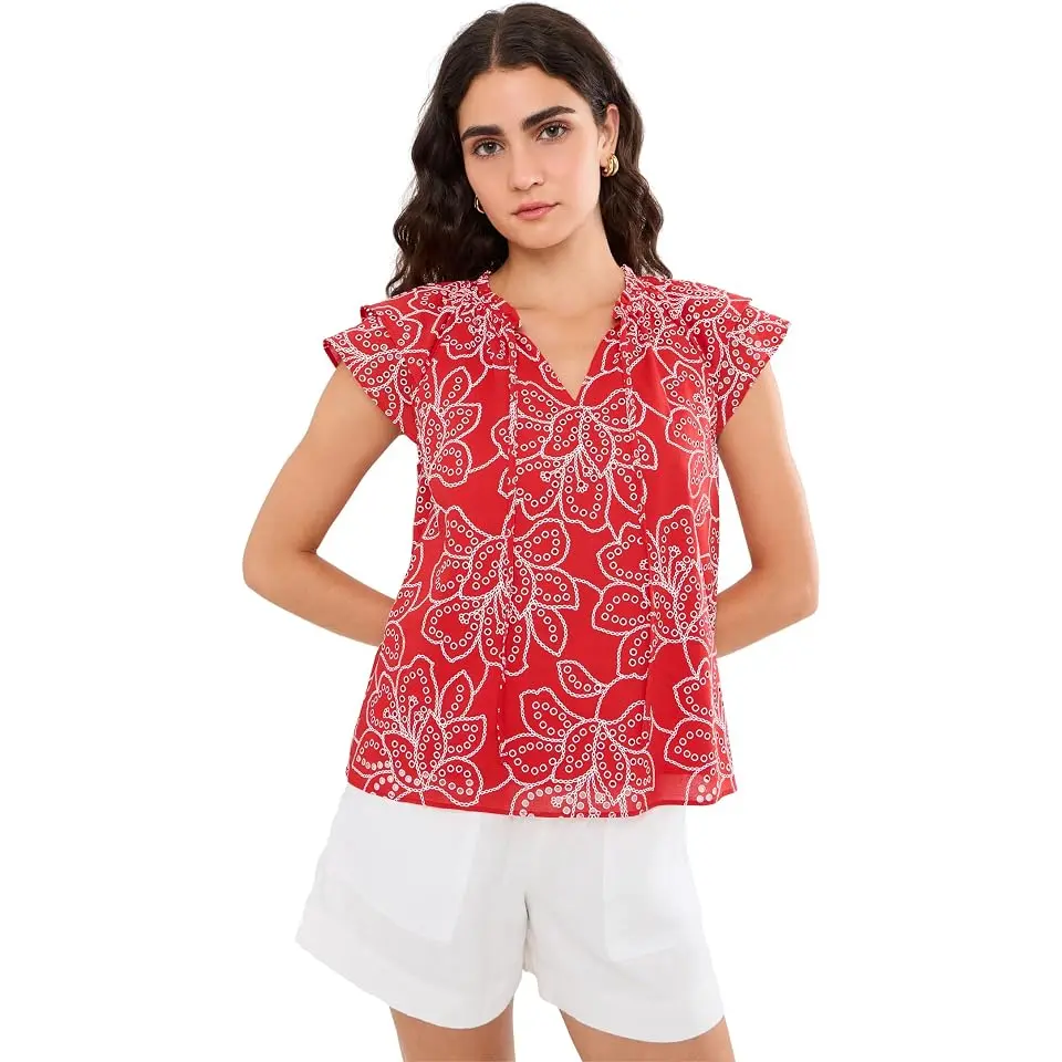 Flutter Sleeve Puff Embrodiery Tie Neck Top