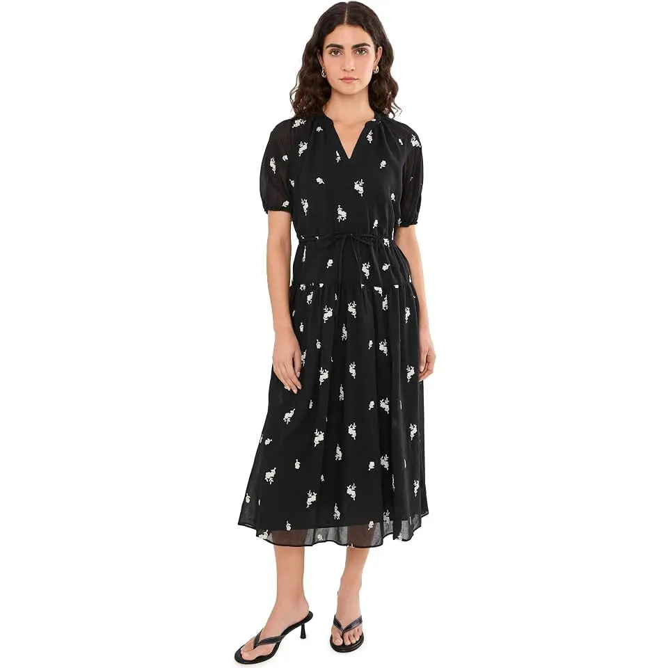 Embrodiery Linen Puff Sleeve Tie Waist Midi Dress