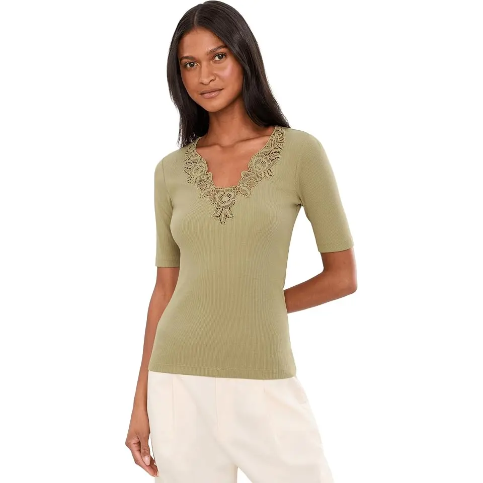 Lace-Trim Rib-Knit Cotton-Blend Top