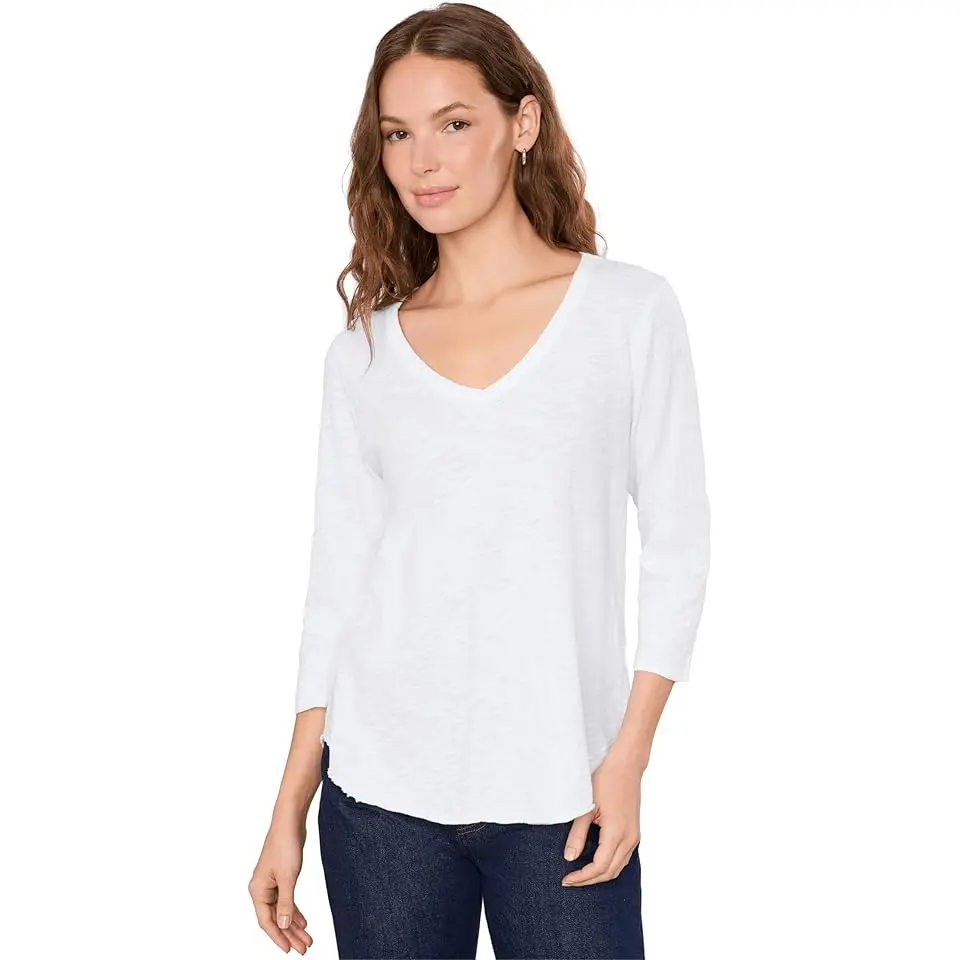 3/4 Sleeve V-Neck Tee with Curved Hem