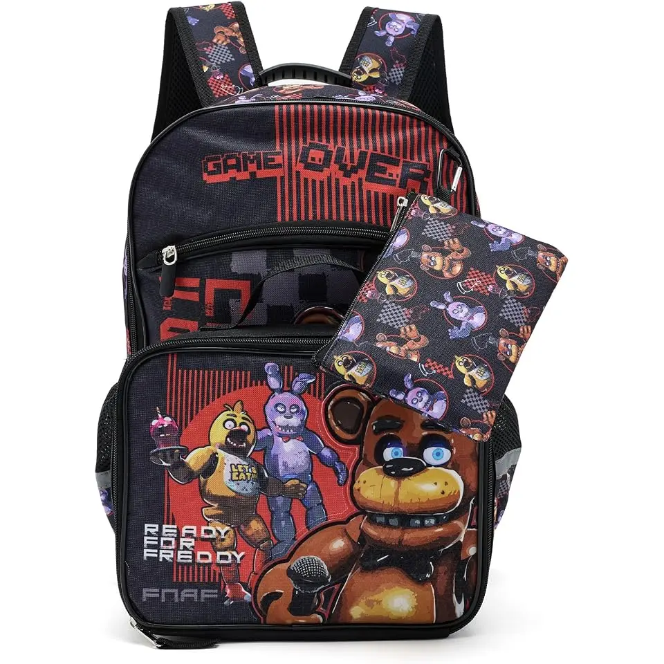 Five Nights Game Screen Five Piece Set Includes Backpack, Lunch Kit, Utility Case, Rubber Keychain And Carabiner