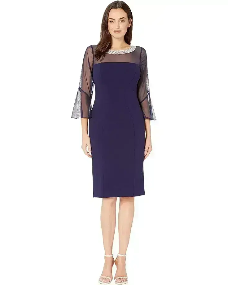 Women's Alex Evenings Short Shift Dress with Beaded Illusion Neckline and Bell Sleeves