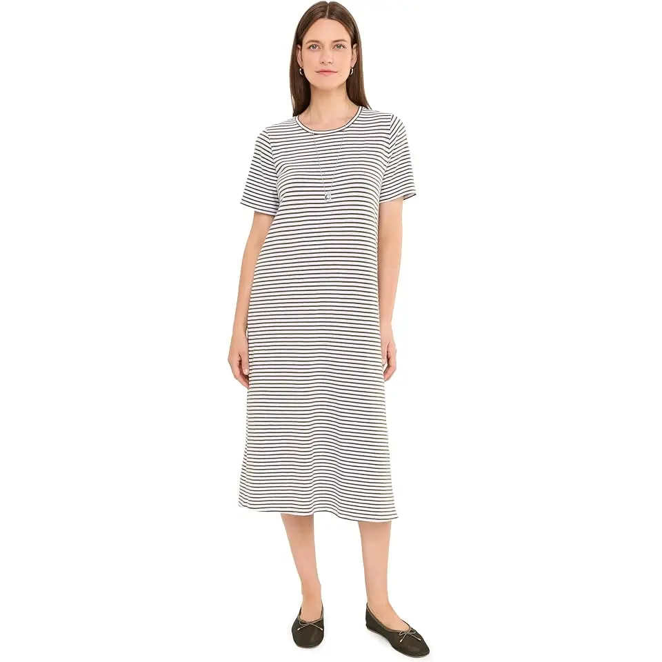 Striped Organic Cotton Slub Round Neck Short Sleeve Calf Length Dress