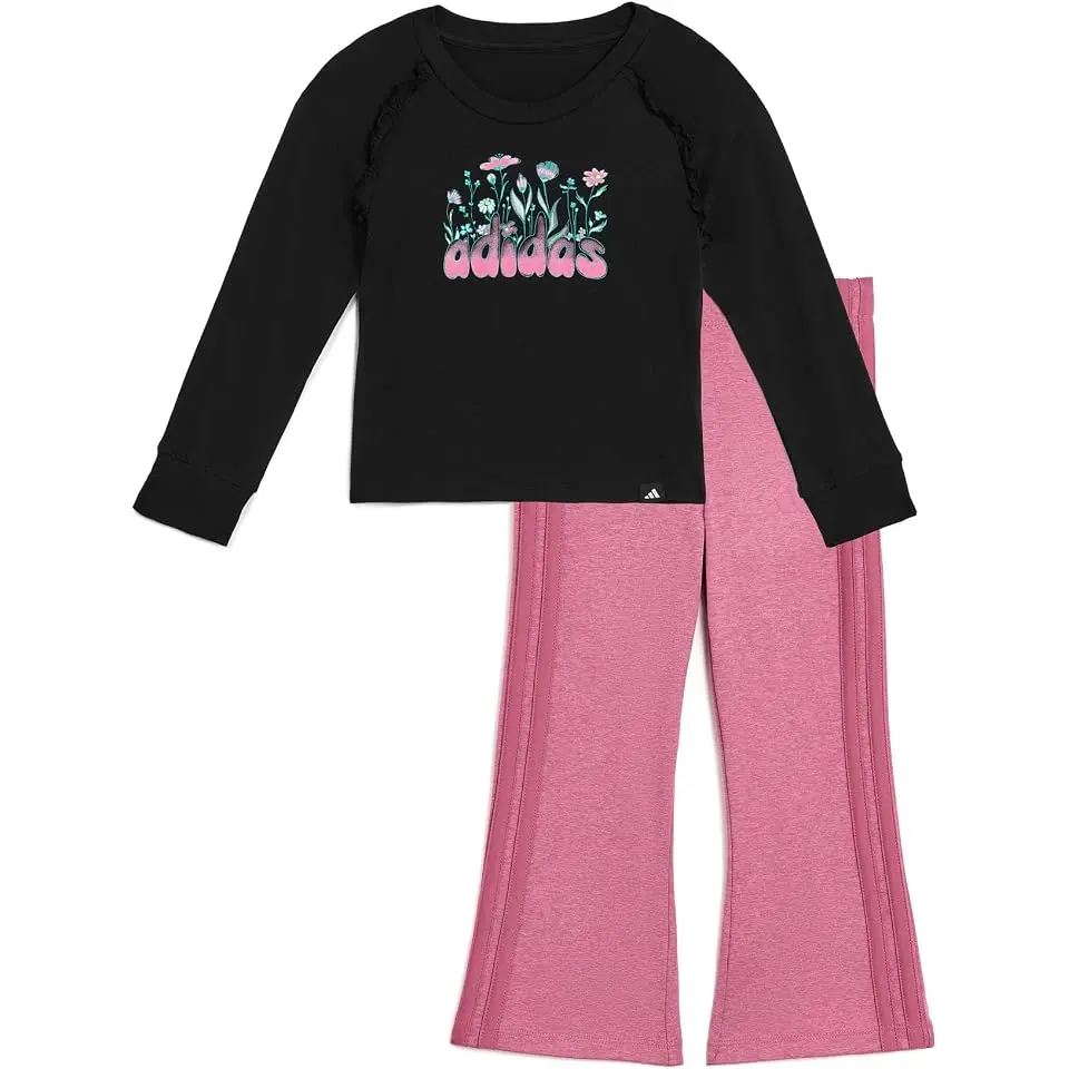 Long Sleeve Ruffle Raglan Tee and Flare Pant Set (Toddler/Little Kid)