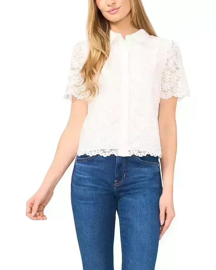 Women's CeCe Lace Short Sleeves Hidden Placket Shirt