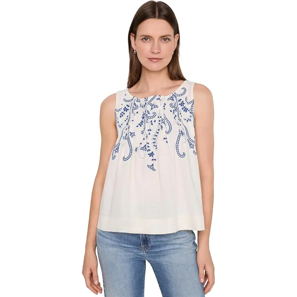 Sleeveless Boat Neck Woven Top with Pintucks