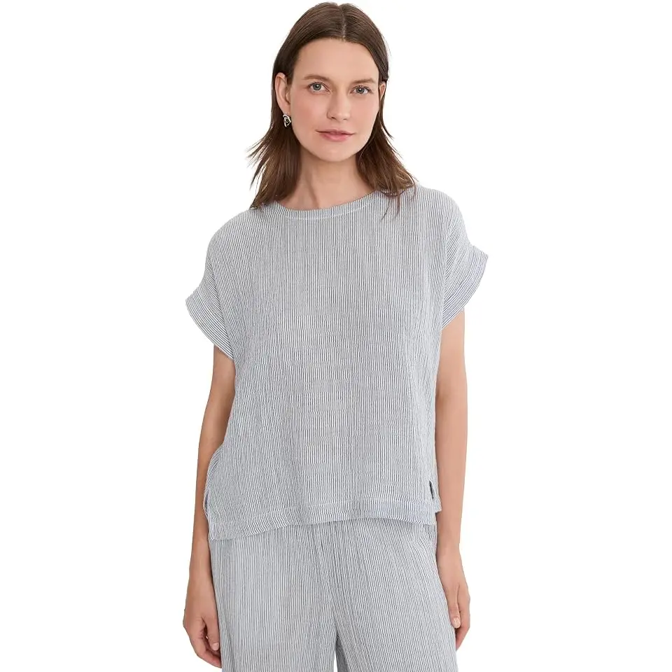 Striped Organic Cotton Gauze Round Neck Top