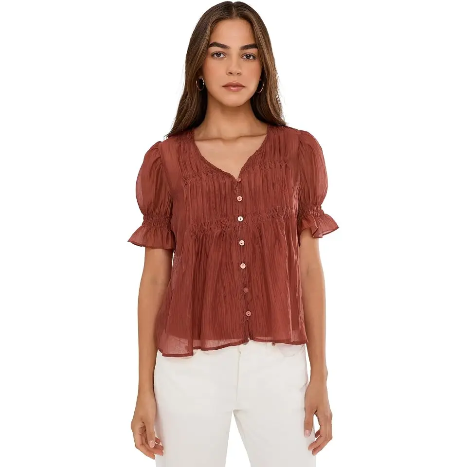 Pintuck Puff Sleeve V-Neck