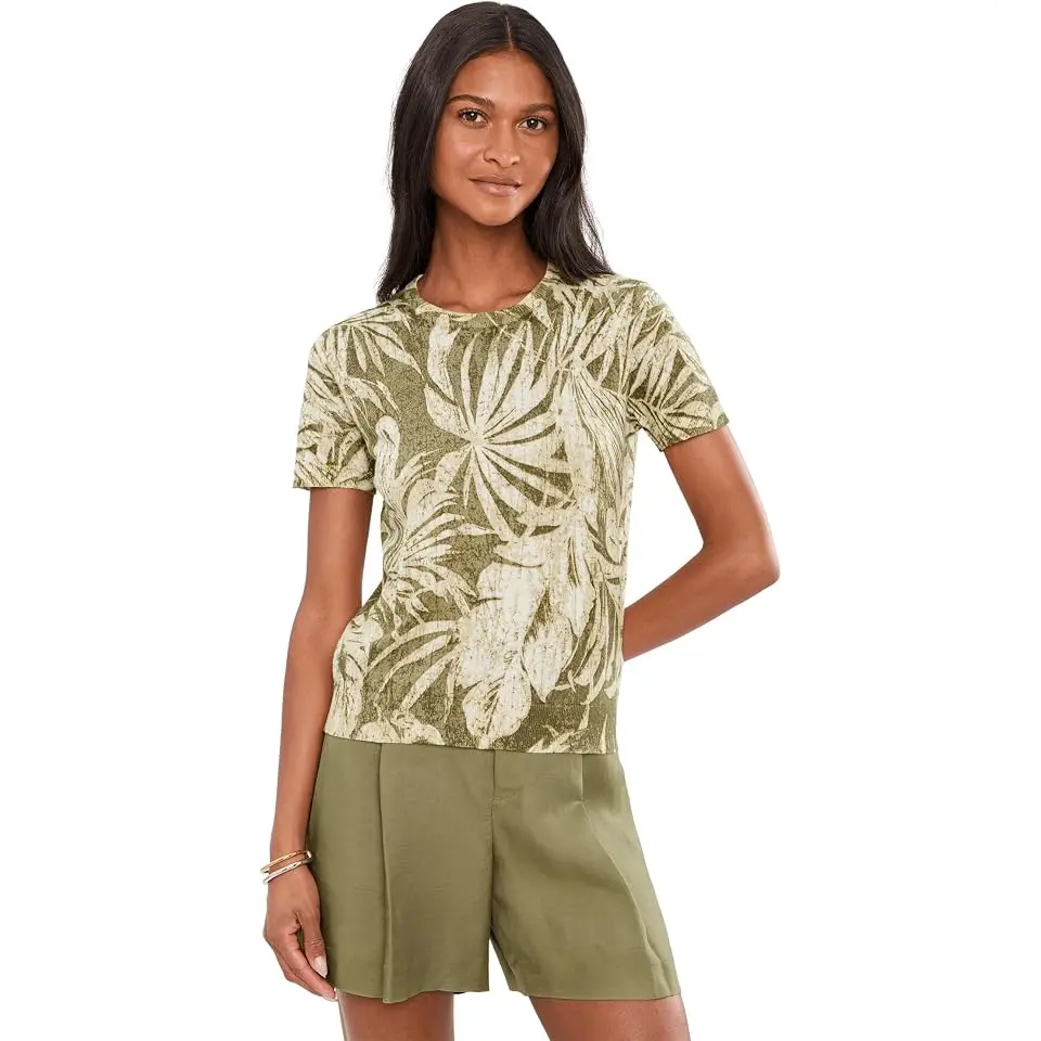 Palm-Frond-Print Short Sleeve Sweater