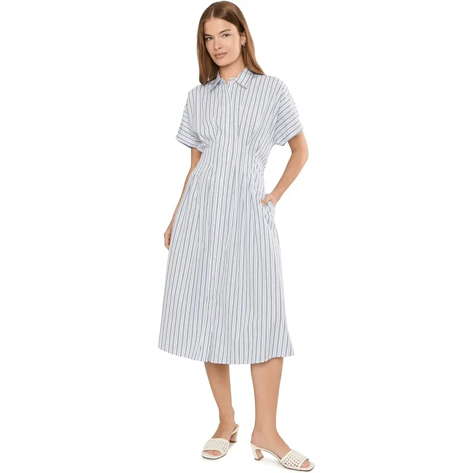 Petite Striped Pleated Broadcloth Shirtdress