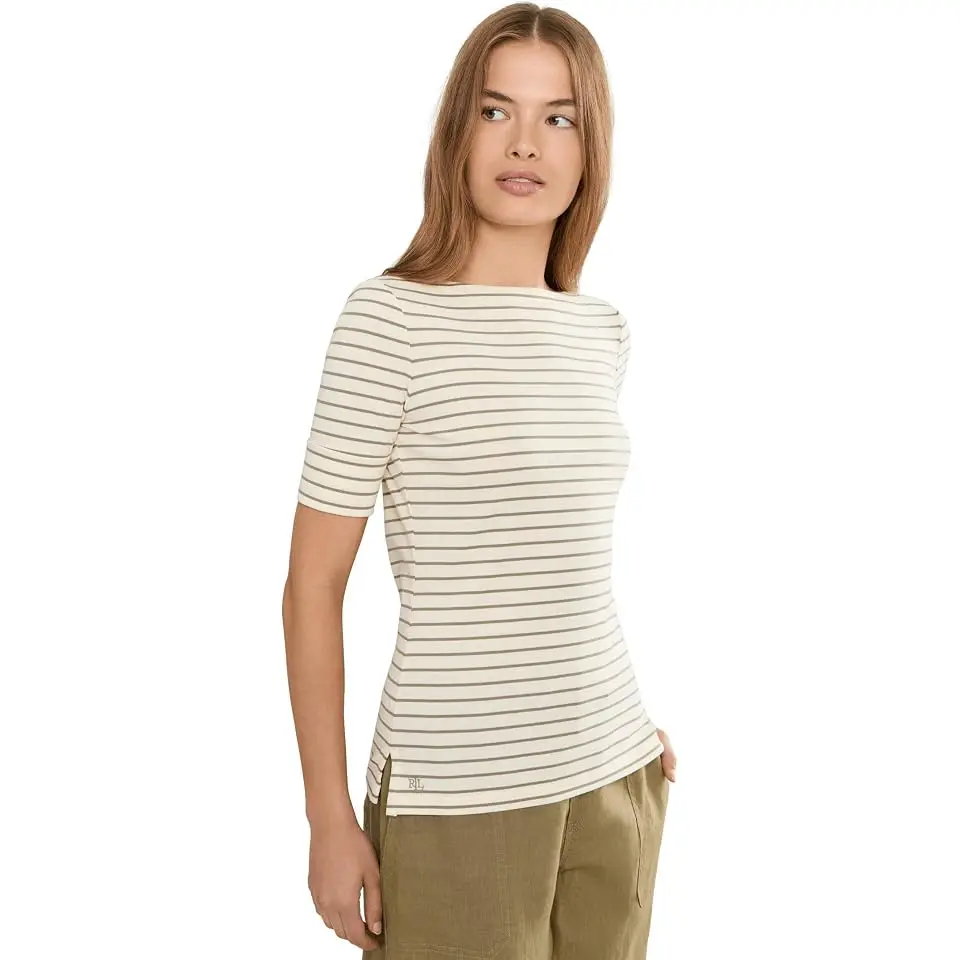 Petite Striped Stretch Cotton Boatneck Tee