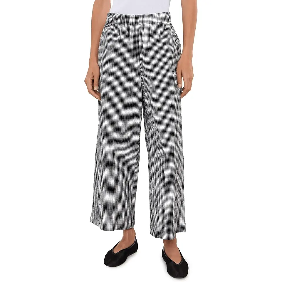 Petite Organic Cotton Pucker Check Ankle Wide Pants