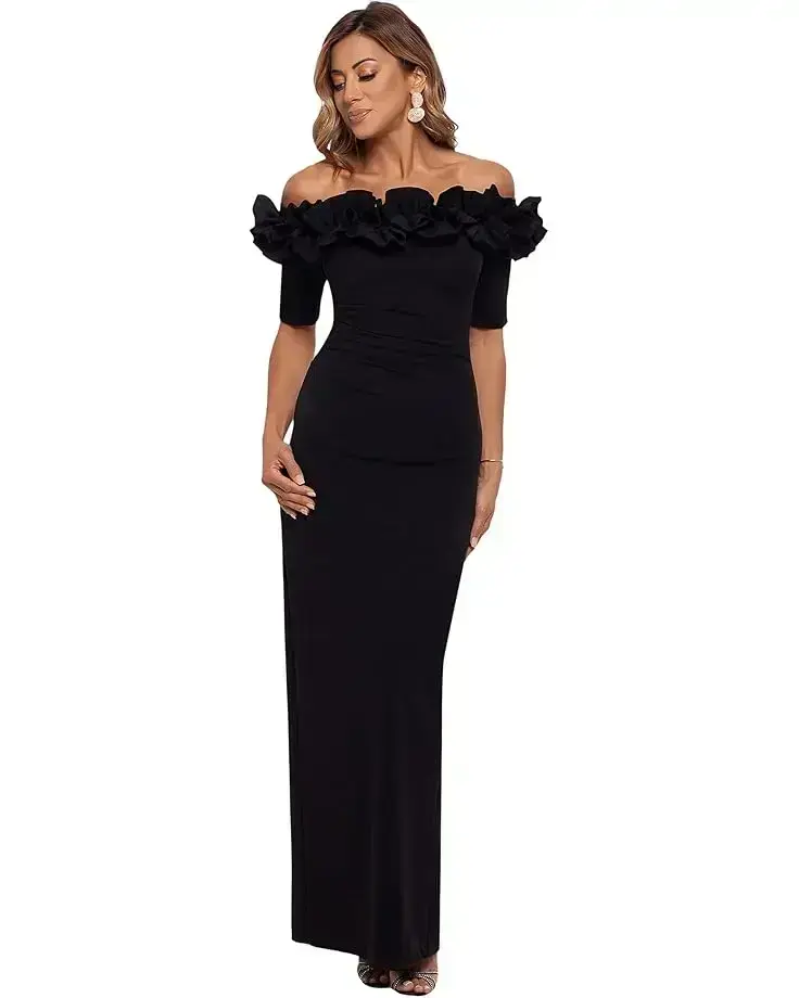 Women's XSCAPE Long Crepe Off The Shoulder Ruffle Short Sleeve