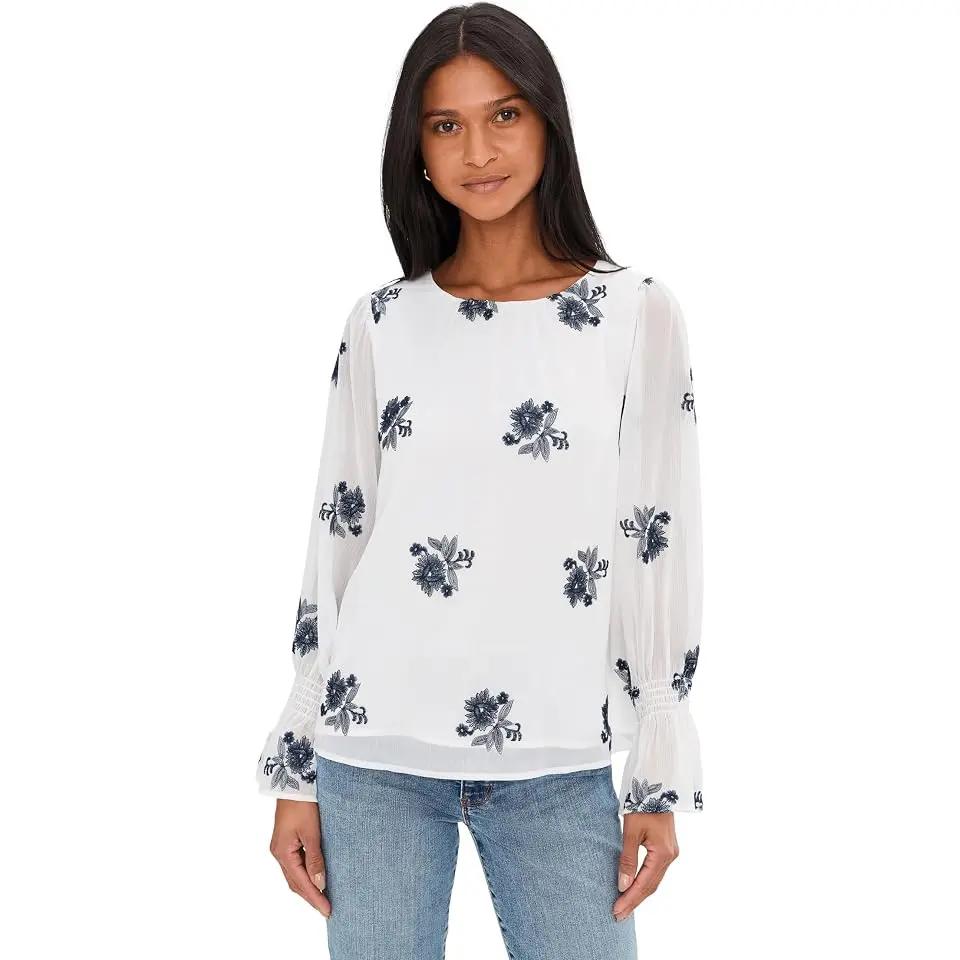 Embroidered Long Sleeve Smocked Cuff Blouse