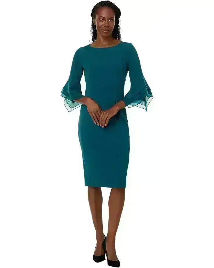Stretch Knit Crepe Sheath Dress with Tiered Organza Bell Sleeve
