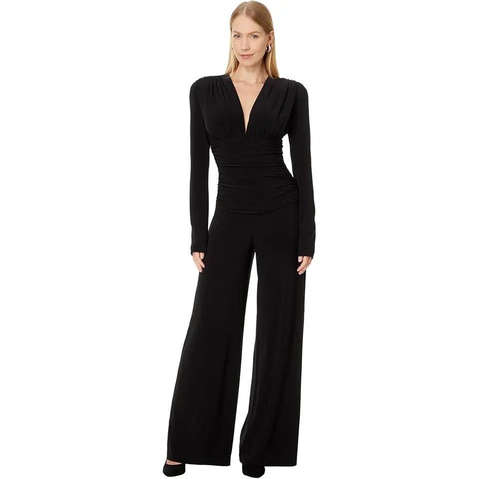 V-Neck Long Sleeve Shirred Waist Jumpsuit with Shoulder Pads