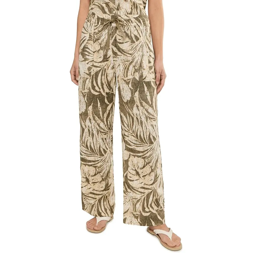 Petite Palm-Frond-Print Linen Wide-Leg Pants