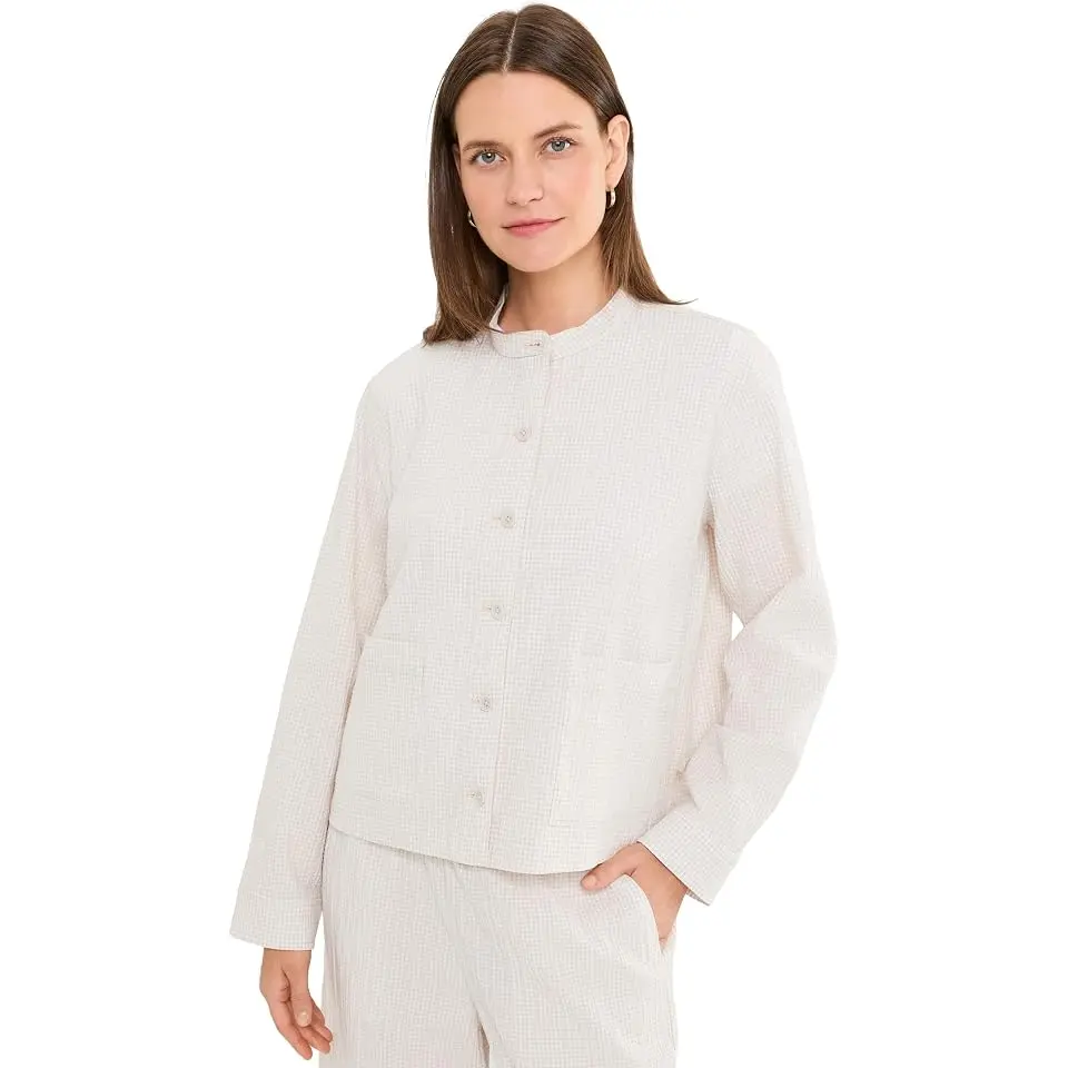 Organic Cotton Pucker Check Mandarin Collar Jacket