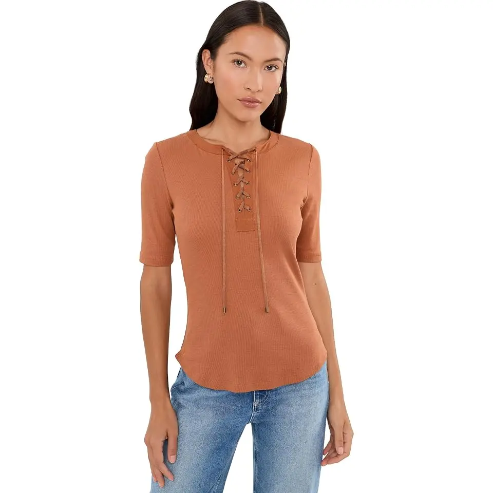 Petite Lace-Up Ribbed Elbow-Sleeve Tee