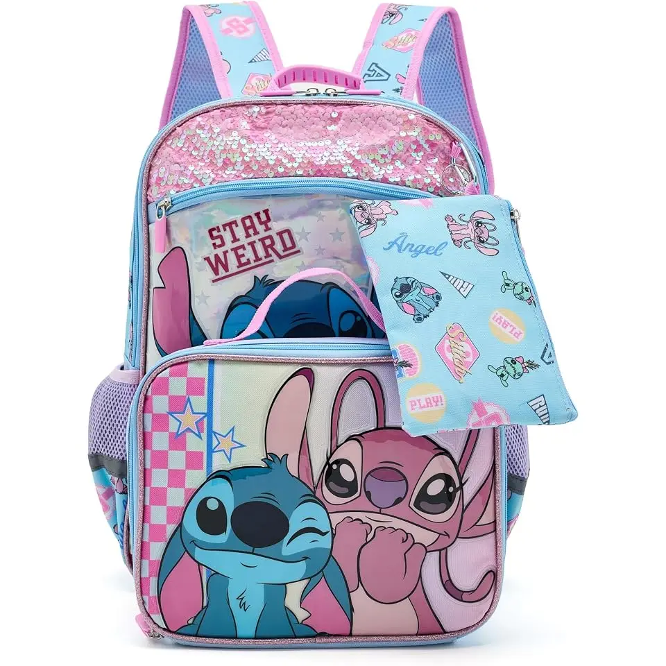 Stitch and Angel Holographic 16” Backpack Lunch Set Set Lunch Bag, Keychain, Utility Case