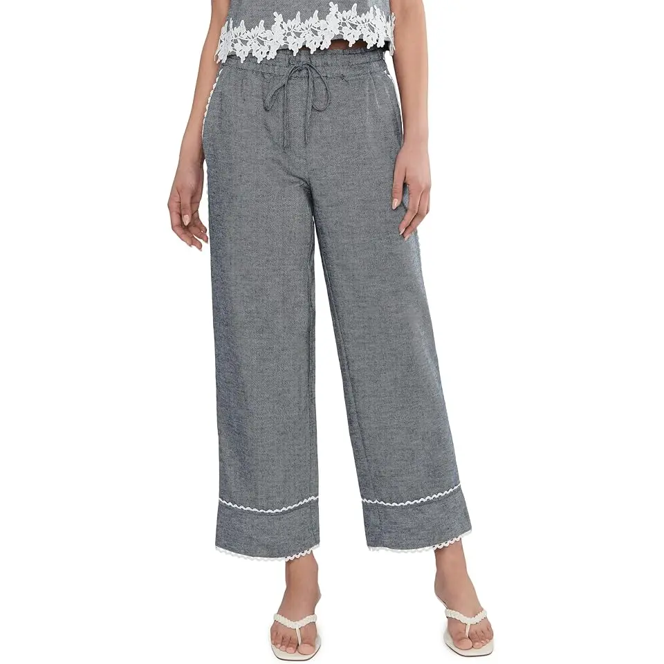 Linen Denim Elastic Waist Scallop Trim Pants