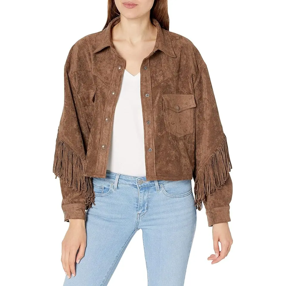 Faux Suede Fringe Shirt Jacket in Hot Cocoa