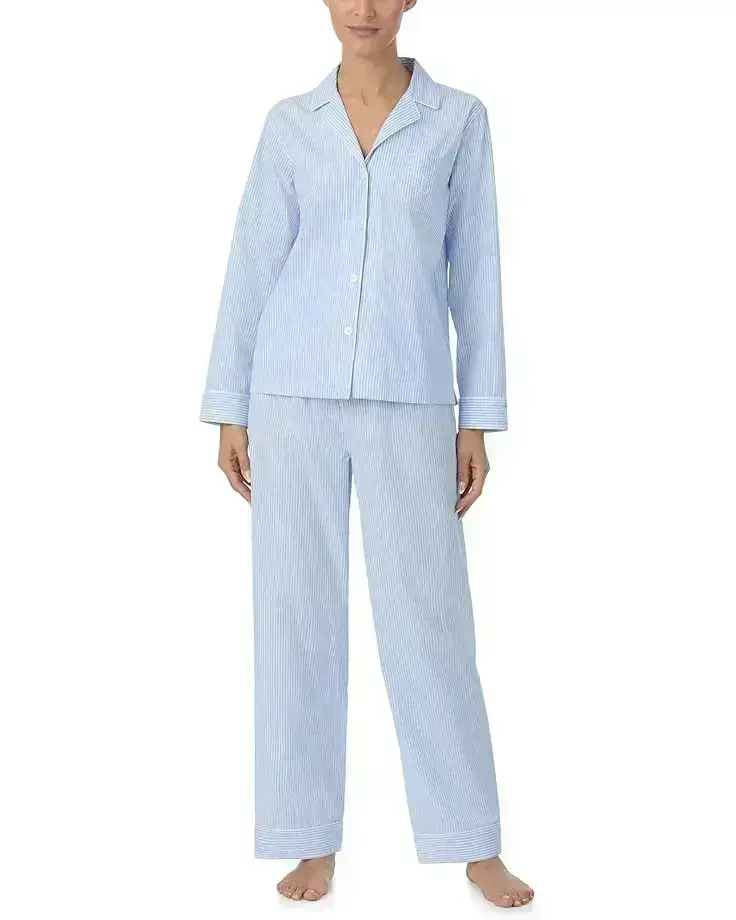 Women's Lauren Ralph Lauren Cotton Woven Long Sleeve Notch Collar PJ Set
