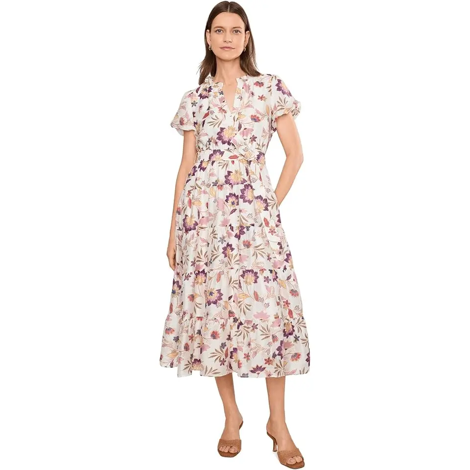 Notch Neck Midi With Puff Sleeves