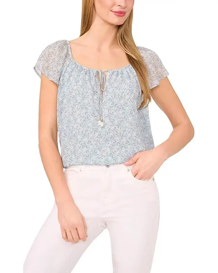 Printed Round Neckline Flutter Slv Top