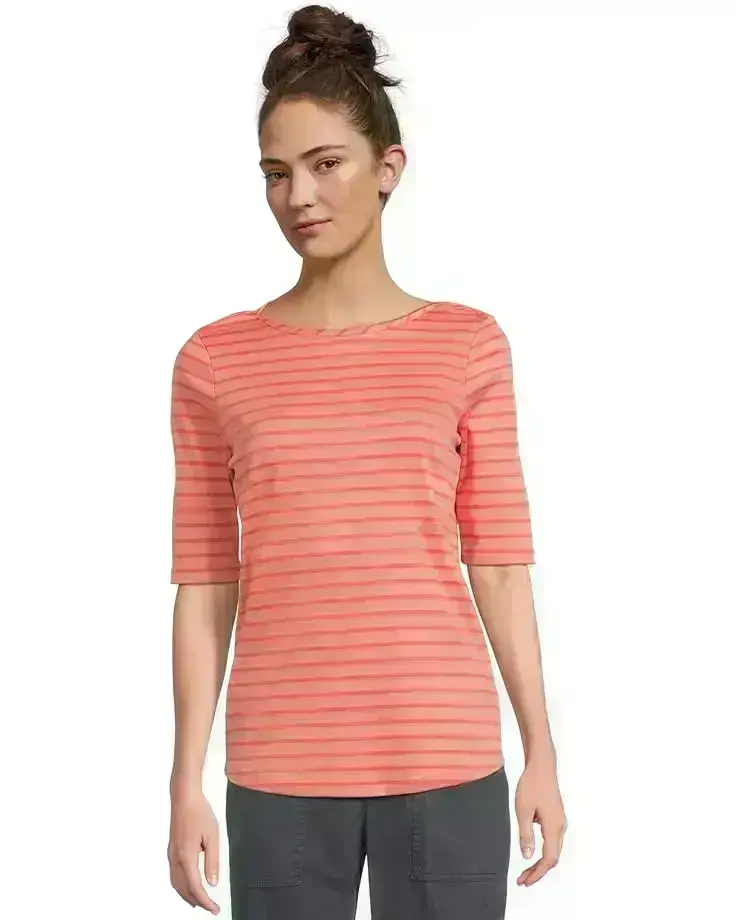 Pima Cotton Tee Boatneck Elbow Sleeve Stripe