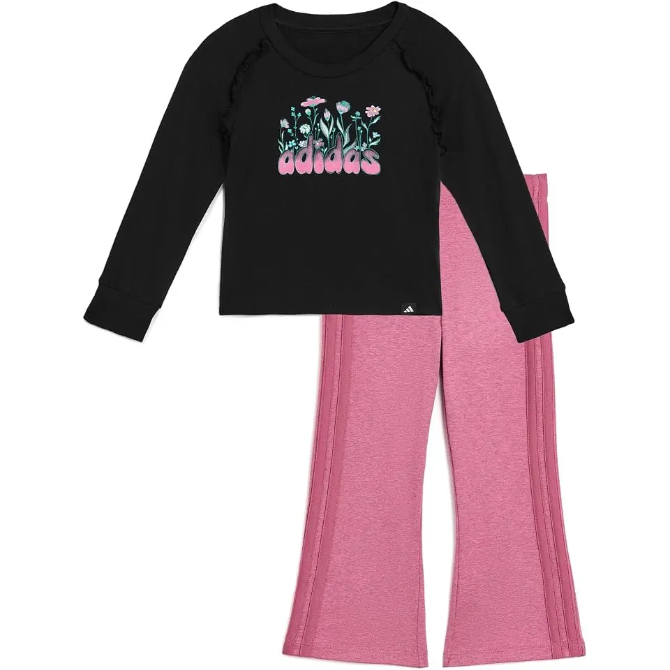 Long Sleeve Ruffle Raglan Tee and Flare Pant Set (Toddler/Little Kid)