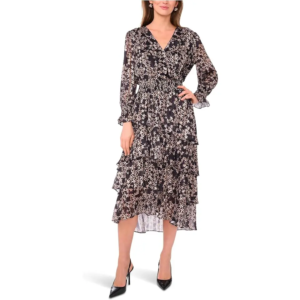 Long Sleeved V-Neck Maxi with Tiered Skirt