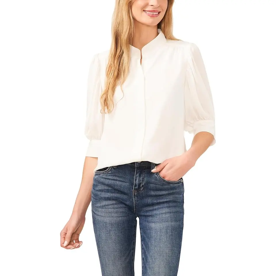 Elbow Sleeve Open Collar Blouse