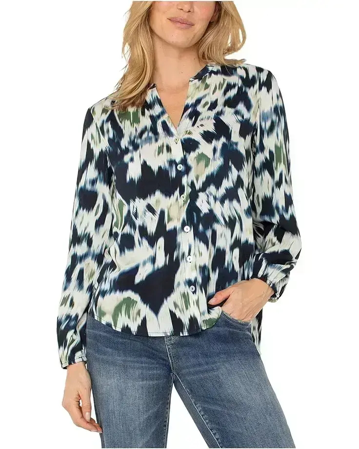 Women's Liverpool Los Angeles Long Sleeve Button Front Shirred Woven Blouse