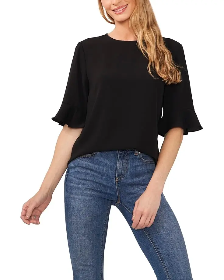 Ruffle Cuff Crew Neck Blouse