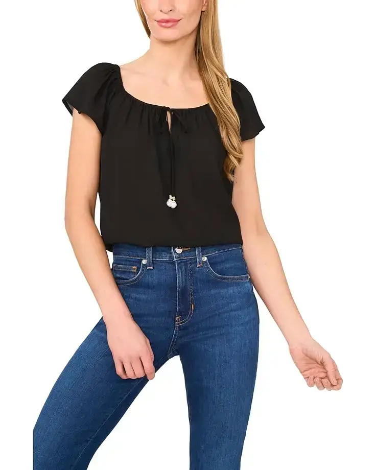 Women's CeCe Center Front Tie Round Neckline Flutter Sleeve Top