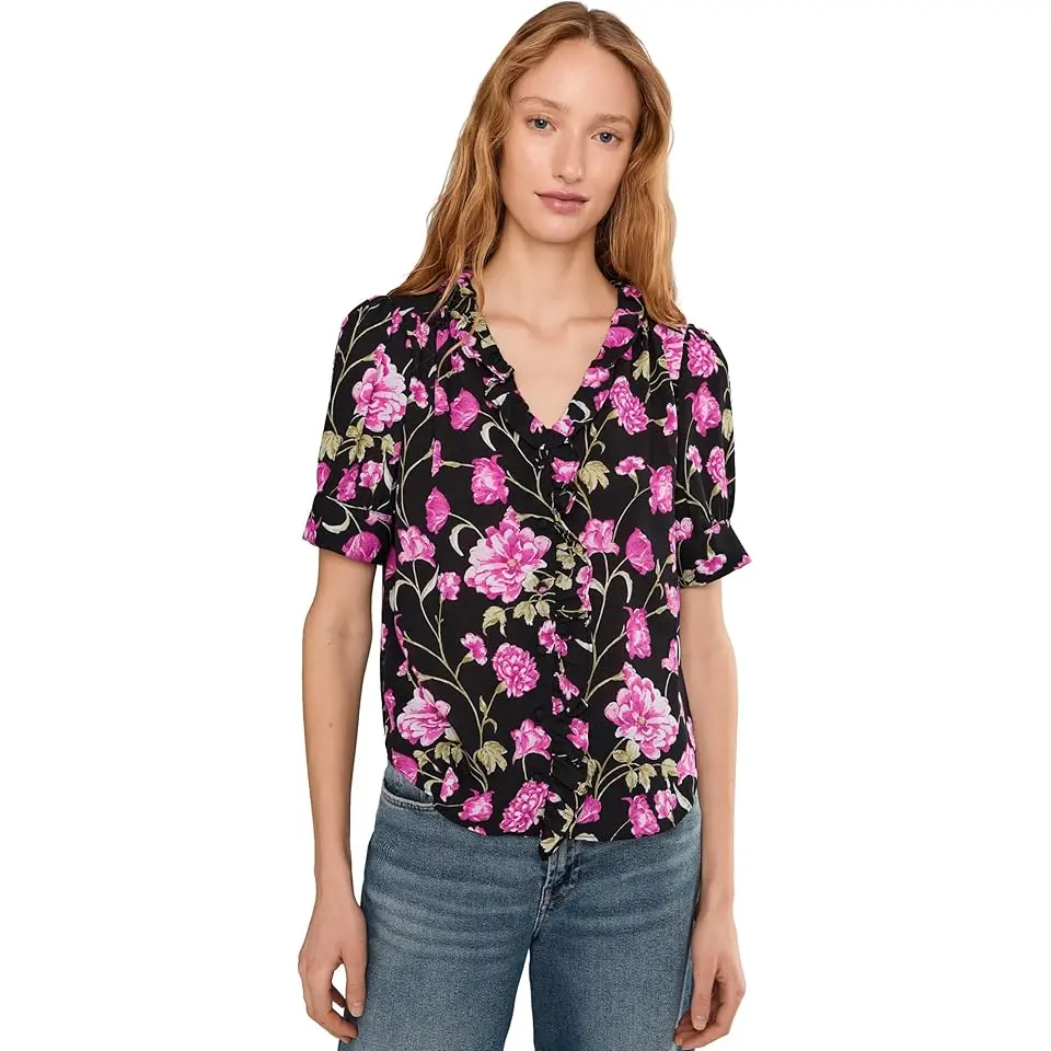 Floral Ruffled Front V-neck Top