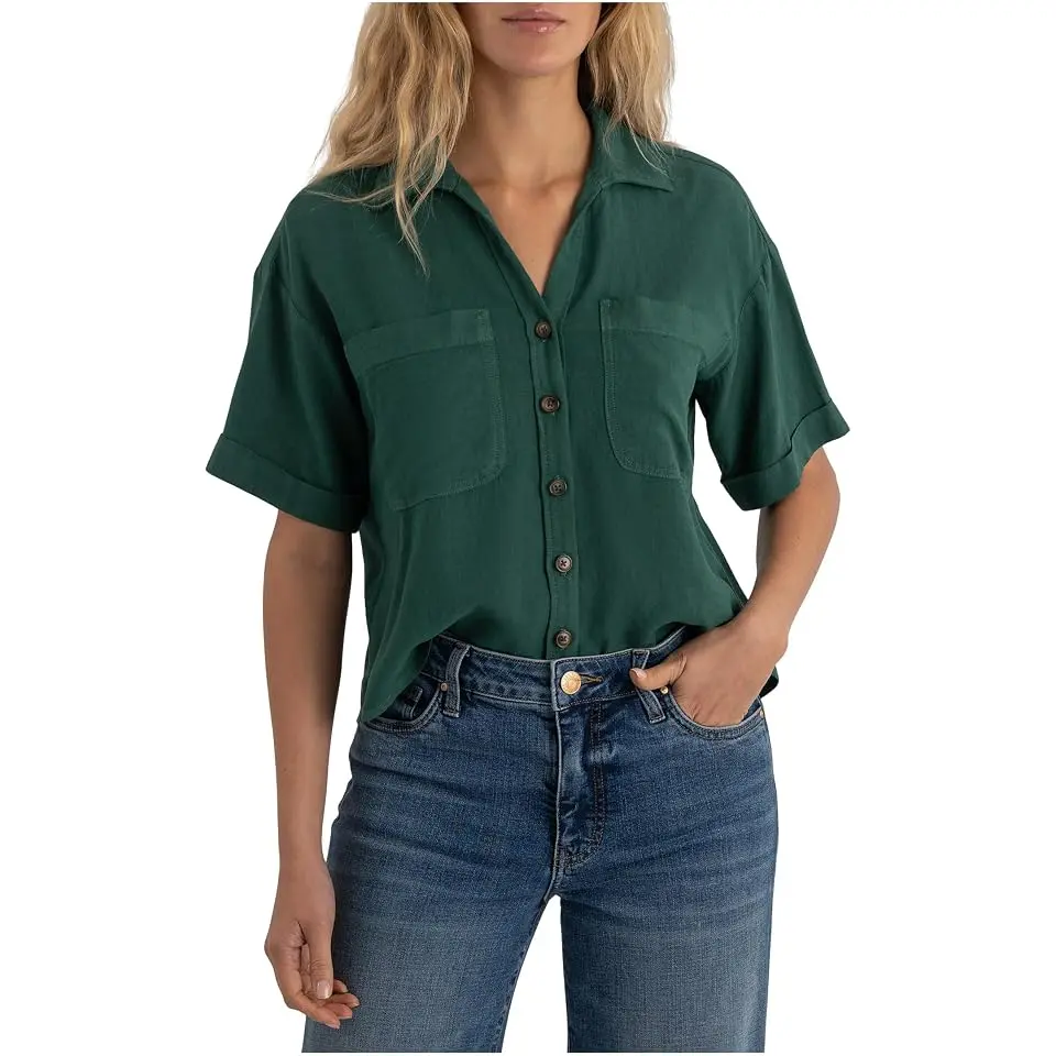 Brianna - Boxy Button Front Shirt with Short Sleeve & Pocket