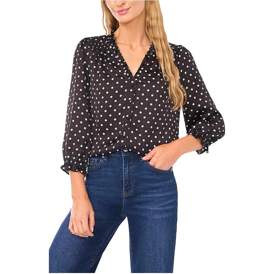 V-neck 3/4 Sleeve Button Front Top